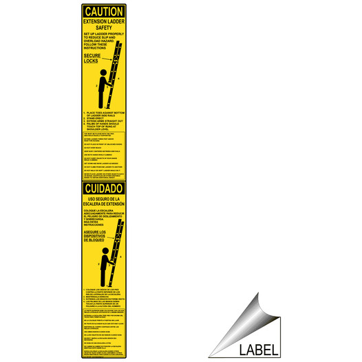 Caution Extension Ladder Safety Bilingual Label With Symbol NHB-16297