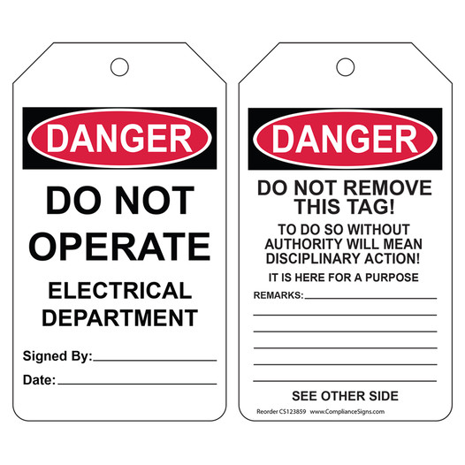 OSHA DANGER DO NOT OPERATE ELECTRICAL DEPARTMENT Safety Tag CS123859