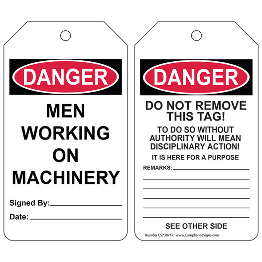 OSHA DANGER MEN WORKING ON MACHINERY - DO NOT REMOVE THIS TAG Safety Tag CS738717