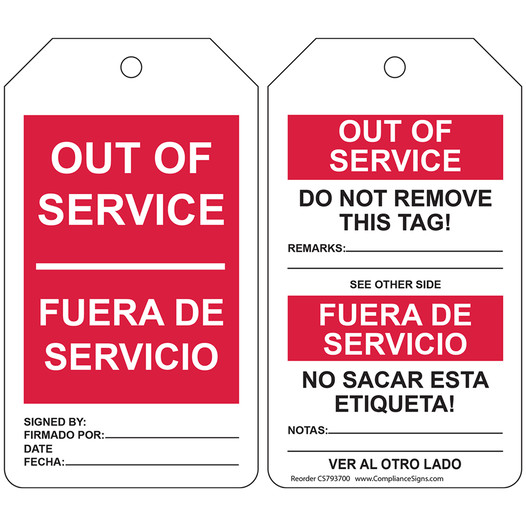 Out Of Service - Fuera De Servicio English + Spanish Safety Tag CS793700