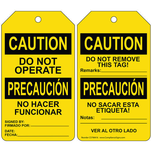 OSHA CAUTION DO NOT OPERATE NO HACER FUNCIONAR English + Spanish Safety Tag CS798416