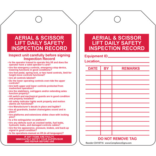 Aerial & Scissor Lift Daily Safety Inspection Inspection / Status Tag CS410716