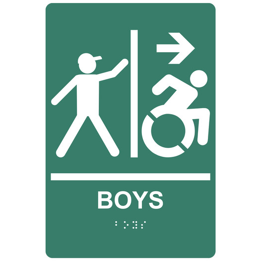 Pine Green Braille BOYS Restroom Right Sign with Dynamic Accessibility Symbol RRE-14768R_White_on_PineGreen