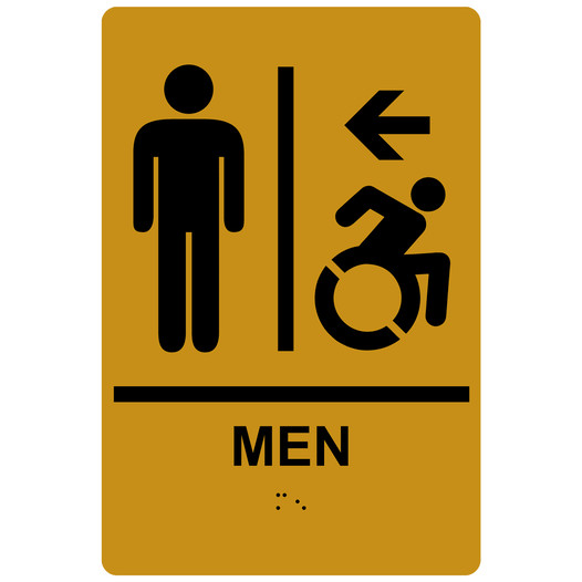 Gold Braille MEN Restroom Left Sign with Dynamic Accessibility Symbol RRE-14806R_Black_on_Gold