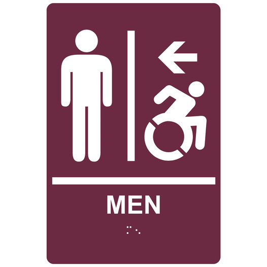 Burgundy Braille MEN Restroom Left Sign with Dynamic Accessibility Symbol RRE-14806R_White_on_Burgundy