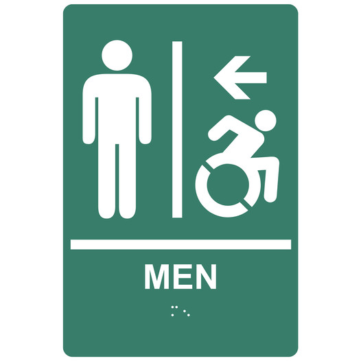 Pine Green Braille MEN Restroom Left Sign with Dynamic Accessibility Symbol RRE-14806R_White_on_PineGreen