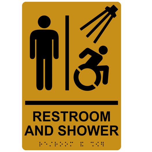 Gold Braille RESTROOM AND SHOWER Sign with Dynamic Accessibility Symbol RRE-14822R_Black_on_Gold