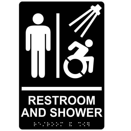 Black Braille RESTROOM AND SHOWER Sign with Dynamic Accessibility Symbol RRE-14822R_White_on_Black