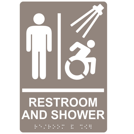 Taupe Braille RESTROOM AND SHOWER Sign with Dynamic Accessibility Symbol RRE-14822R_White_on_Taupe