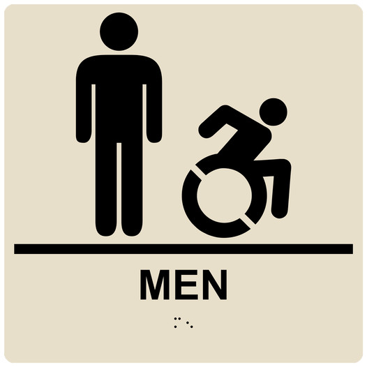 Square Almond Braille MEN Restroom Sign with Dynamic Accessibility Symbol RRE-150R-99_Black_on_Almond