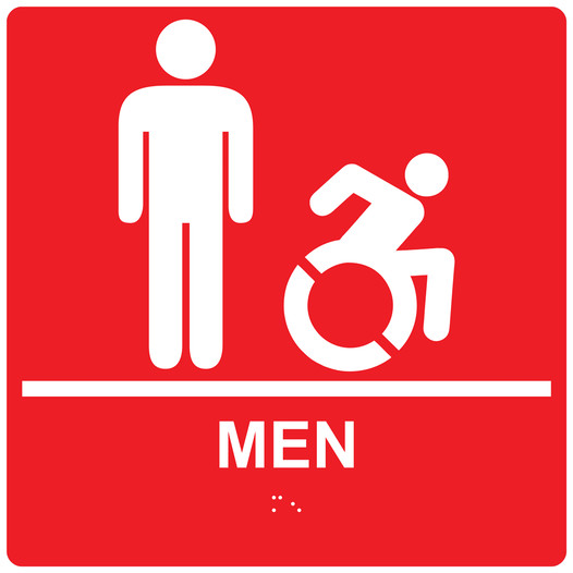 Square Red Braille MEN Restroom Sign with Dynamic Accessibility Symbol RRE-150R-99_White_on_Red
