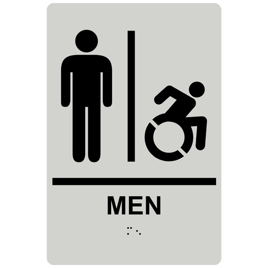 Pearl Gray Braille MEN Restroom Sign with Dynamic Accessibility Symbol RRE-150R_Black_on_PearlGray