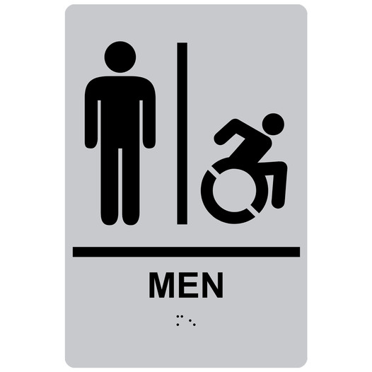 Silver Braille MEN Restroom Sign with Dynamic Accessibility Symbol RRE-150R_Black_on_Silver