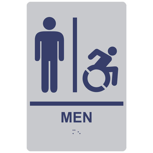 Silver Braille MEN Restroom Sign with Dynamic Accessibility Symbol RRE-150R_MarineBlue_on_Silver