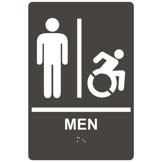 Charcoal Gray Braille MEN Restroom Sign with Dynamic Accessibility Symbol RRE-150R_White_on_CharcoalGray