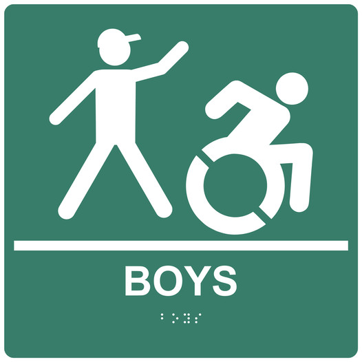 Square Pine Green Braille BOYS Restroom Sign with Dynamic Accessibility Symbol RRE-160R-99_White_on_PineGreen