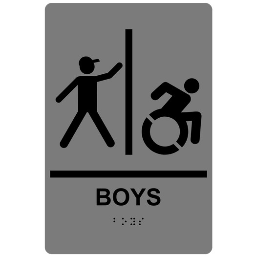Gray Braille BOYS Restroom Sign with Dynamic Accessibility Symbol RRE-160R_Black_on_Gray