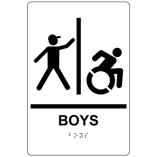 White Braille BOYS Restroom Sign with Dynamic Accessibility Symbol RRE-160R_Black_on_White