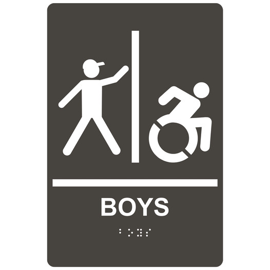 Charcoal Gray Braille BOYS Restroom Sign with Dynamic Accessibility Symbol RRE-160R_White_on_CharcoalGray