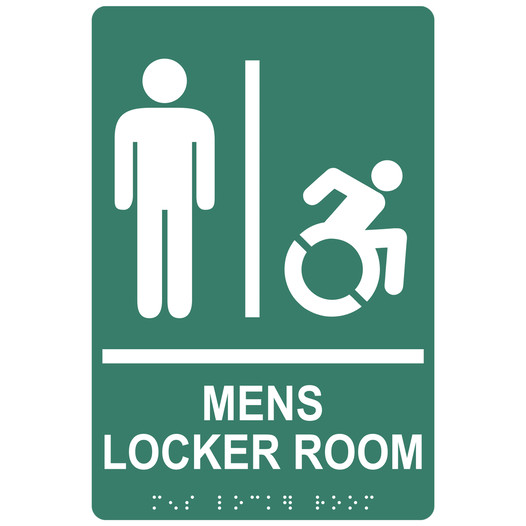 Pine Green Braille MENS LOCKER ROOM Sign with Dynamic Accessibility Symbol RRE-19963R_White_on_PineGreen
