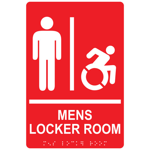Red Braille MENS LOCKER ROOM Sign with Dynamic Accessibility Symbol RRE-19963R_White_on_Red