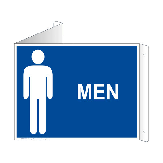 Blue Triangle-Mount MEN Restroom Sign With Symbol RRE-7010Tri-White_on_Blue