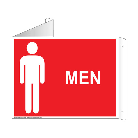 Red Triangle-Mount MEN Restroom Sign With Symbol RRE-7010Tri-White_on_Red