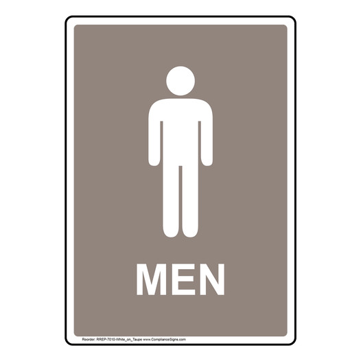 Portrait Taupe Men Restroom Sign With Symbol RREP-7010-White_on_Taupe