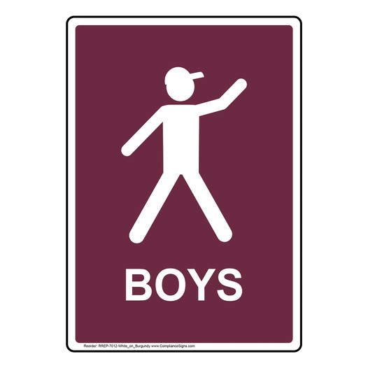 Portrait Burgundy Boys Restroom Sign With Symbol RREP-7012-White_on_Burgundy
