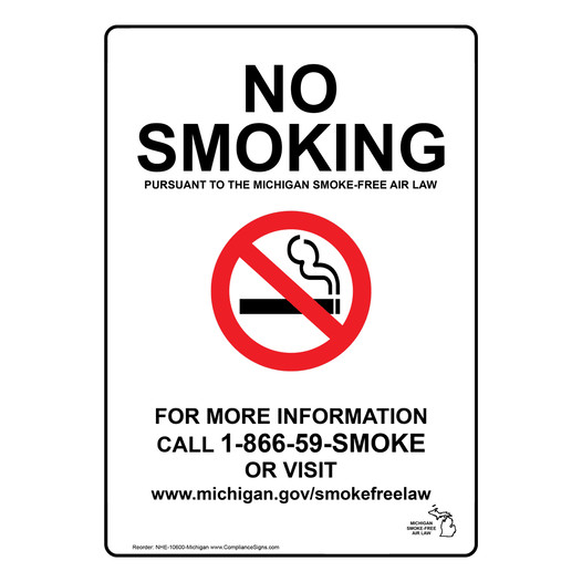 No Smoking SmokeFree Air Law Sign NHE10600Michigan No Smoking