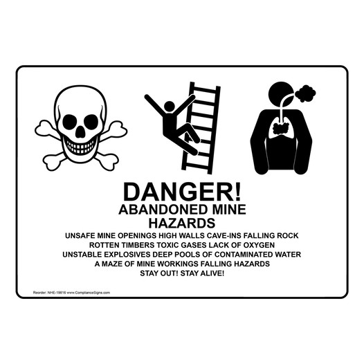 Danger! Abandoned Mine Hazards Unsafe Mine Openings Sign NHE-19816