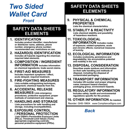 Safety Data Sheets Elements Wallet Card GHS-19604