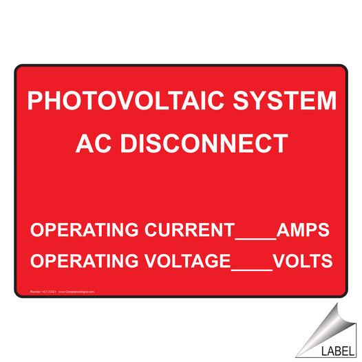 NEC Electrical Photovoltaic System AC Disconnect Label VLT-13321