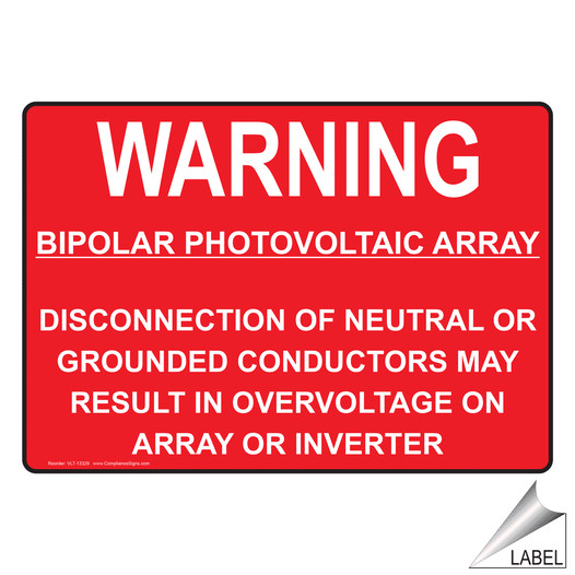 Electrical Bipolar Photovoltaic Array Label / Sticker - Red Reflective