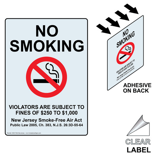 New Jersey No Smoking Violators Fines Of $250 To $1,000 Clear Label NHE-7644-NewJersey