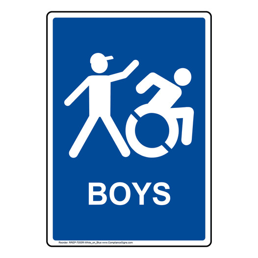 Portrait Blue BOYS Restroom Sign with Dynamic Accessibility Symbol RREP-7055R-White_on_Blue