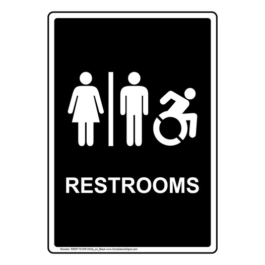 Portrait Black RESTROOMS Restroom Sign with Dynamic Accessibility Symbol RREP-7015R-White_on_Black