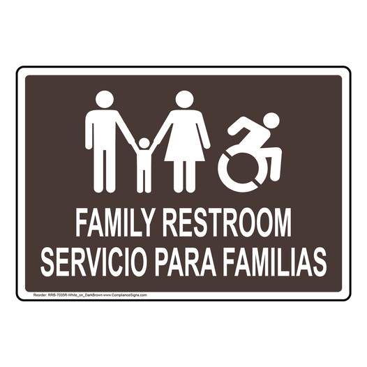 Dark Brown FAMILY RESTROOM - SERVICIO PARA FAMILIAS Sign with Dynamic Accessibility Symbol RRB-7035R-White_on_DarkBrown