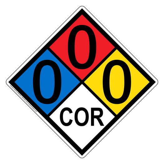 NFPA 704 Diamond Sign with 0-0-0-COR Hazard Ratings NFPA_PRINTED_000COR