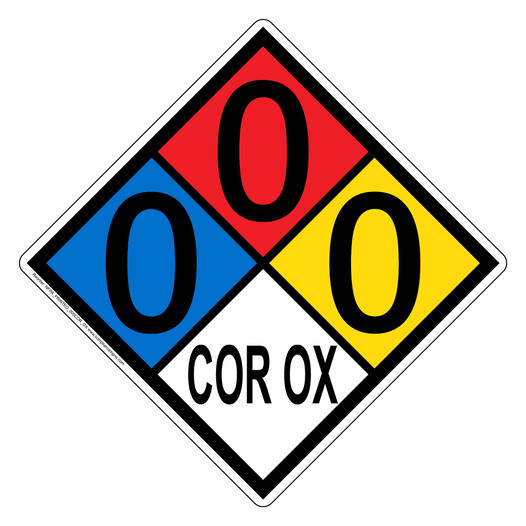 NFPA 704 Diamond Sign with 0-0-0-COR_OX Hazard Ratings NFPA_PRINTED_000COR_OX