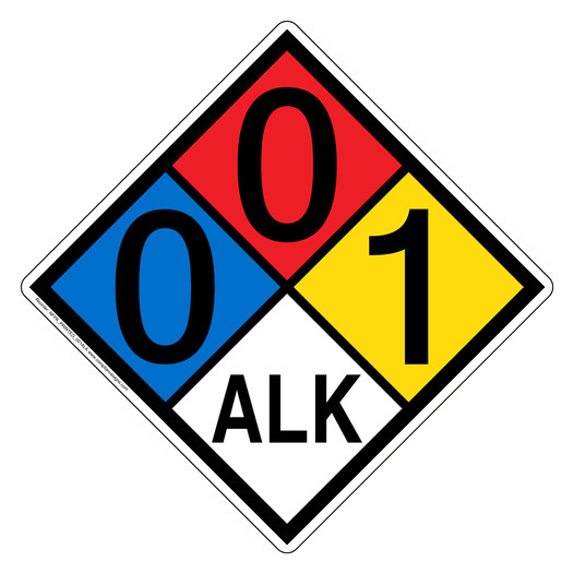 NFPA 704 Diamond Sign with 0-0-1-ALK Hazard Ratings