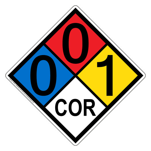 NFPA 704 Diamond Sign with 0-0-1-COR Hazard Ratings