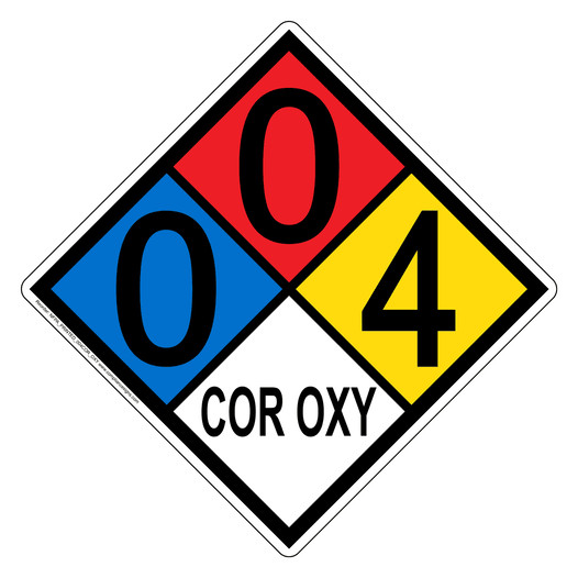 NFPA 704 Diamond Sign with 0-0-4-COR_OXY Hazard Ratings NFPA_PRINTED_004COR_OXY