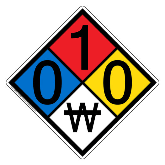 NFPA 704 Diamond Sign with 0-1-0-W Hazard Ratings NFPA_PRINTED_010W