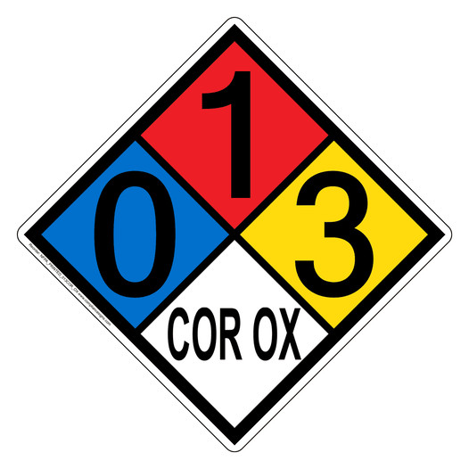 NFPA 704 Diamond Sign with 0-1-3-COR_OX Hazard Ratings NFPA_PRINTED_013COR_OX
