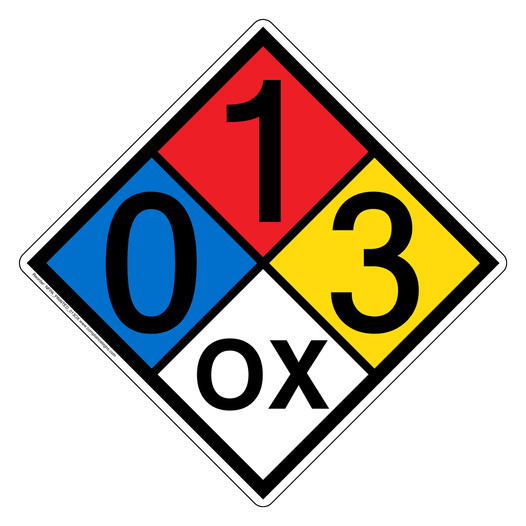 NFPA 704 Diamond Sign with 0-1-3-OX Hazard Ratings NFPA_PRINTED_013OX