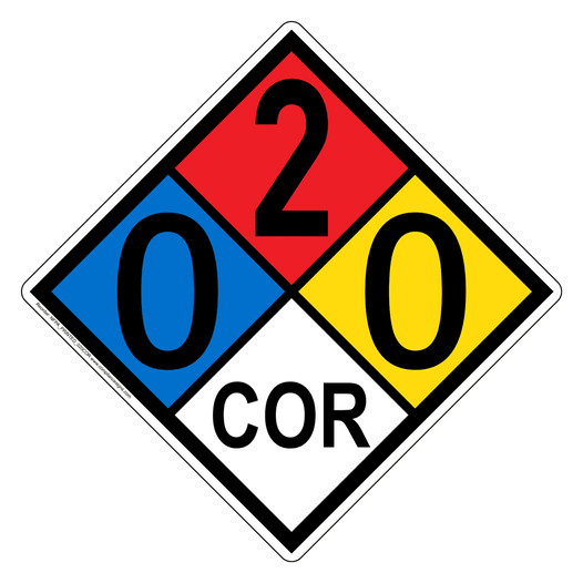 NFPA 704 Diamond Sign with 0-2-0-COR Hazard Ratings
