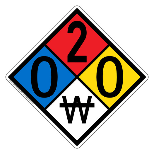 NFPA 704 Diamond Sign with 0-2-0-W Hazard Ratings NFPA_PRINTED_020W