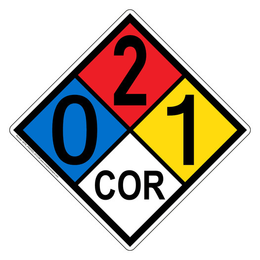NFPA 704 Diamond Sign with 0-2-1-COR Hazard Ratings NFPA_PRINTED_021COR