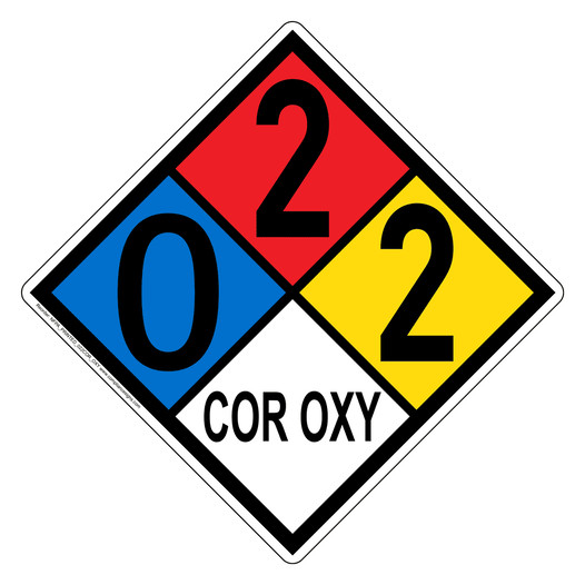 NFPA 704 Diamond Sign with 0-2-2-COR_OXY Hazard Ratings NFPA_PRINTED_022COR_OXY
